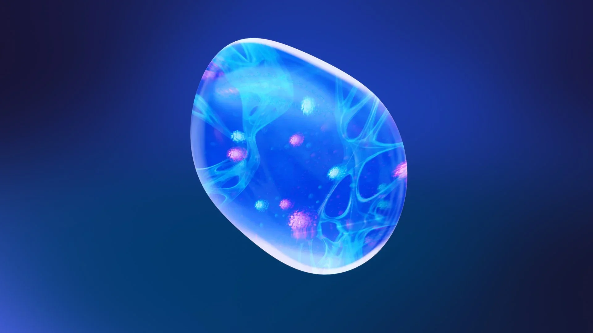 A bioluminescent jellyfish floating in dark blue water, glowing with shades of blue, pink, and purple.