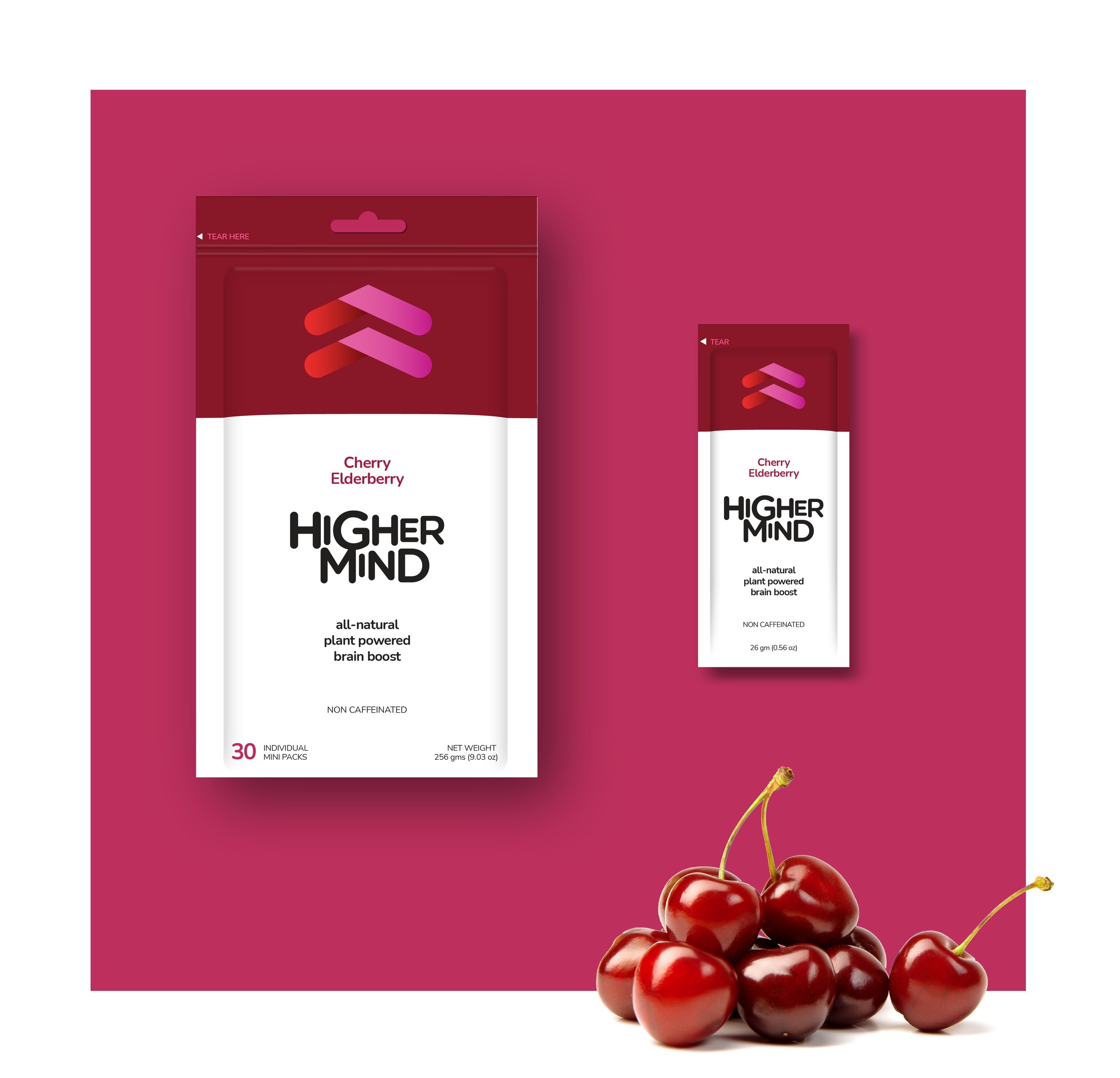 Package of Higher Mind Cherry Elderberry plant-powered brain boost supplements next to a small pile of fresh cherries on a pink background.